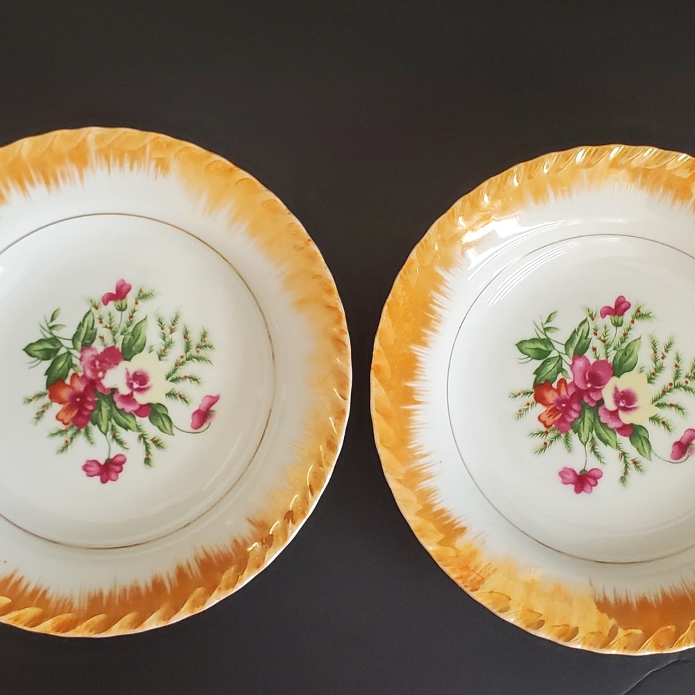 Vintage Japan Lustreware Brushed Rim Floral Bowls 2pc Pansies Peach MCM Ceramic